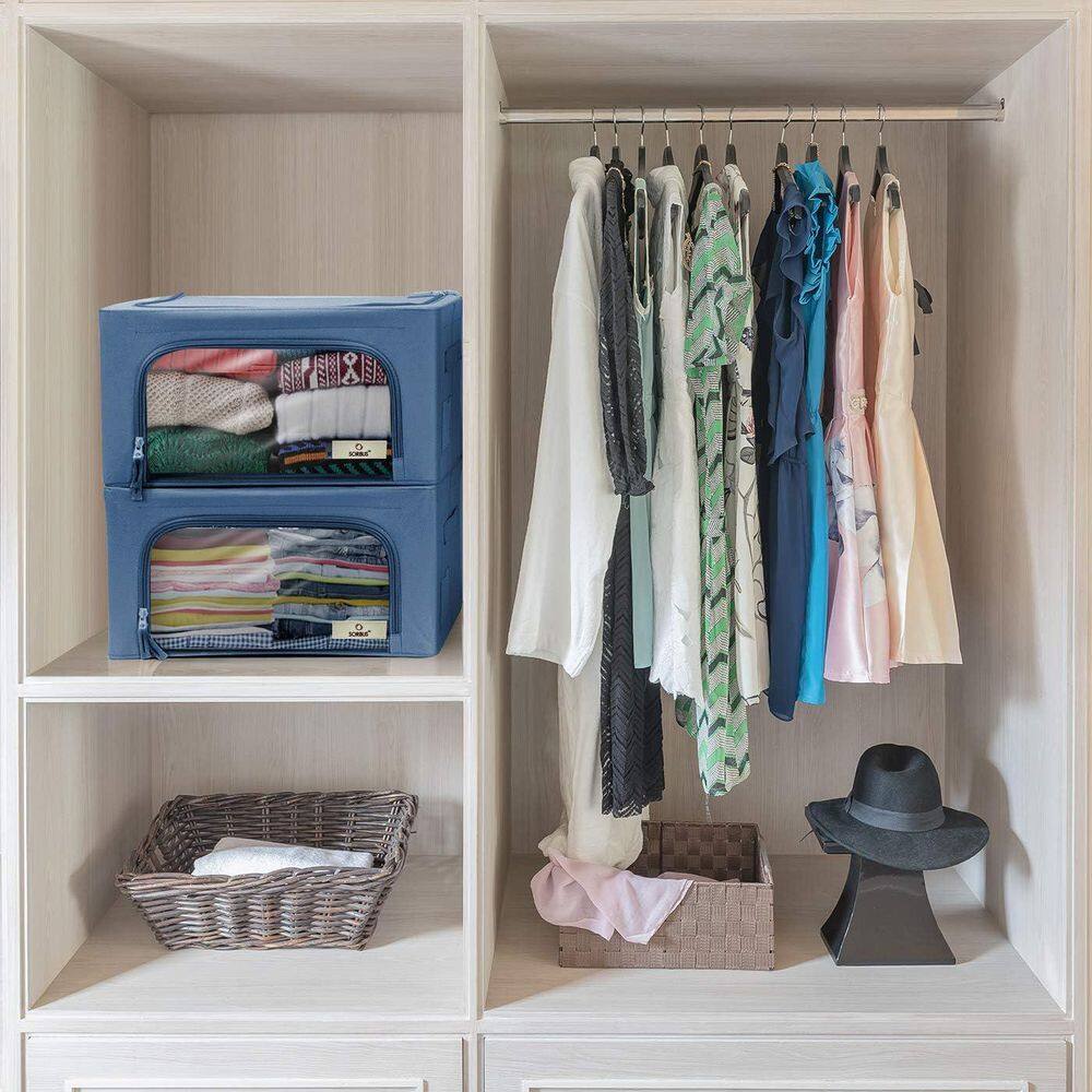 Storage Bins, Organizers with Metal Frame, Handles, and Window, Blue 15.75 in. x 8 in. Fabric Decorative Box Set of 2