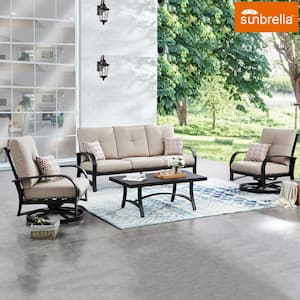 4-Piece Aluminum Patio Conversation Set with Beige Sunbrella Cushions, 2 Swivel Chairs, Sofa, Coffee Table