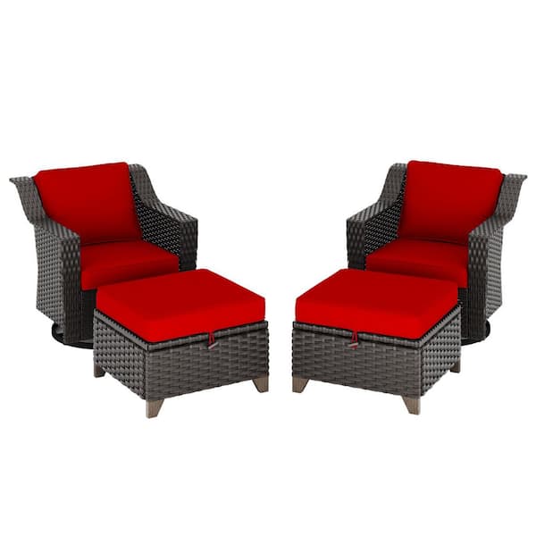 4-Piece Wicker Outdoor Pation Conversation Swivel Rocking Chair Set and Ottomans with Red Cushions