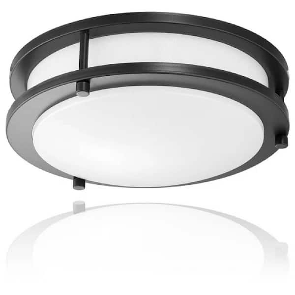 10 in. 17-Watt Matte Black Modern Dual Ring Dimmable Integrated LED Flush Mount with White Acrylic Shade