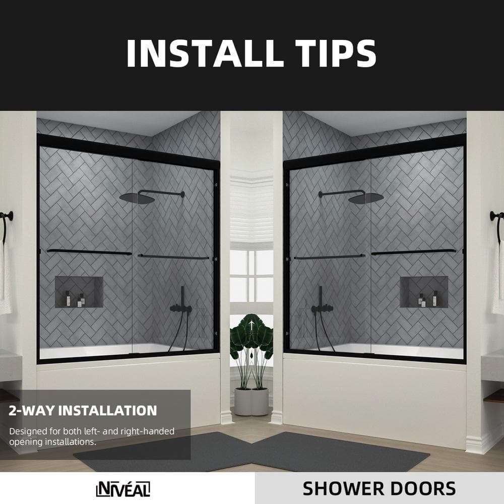Matte Black Semi-Frameless Sliding Tub Door with Clear Tempered Glass