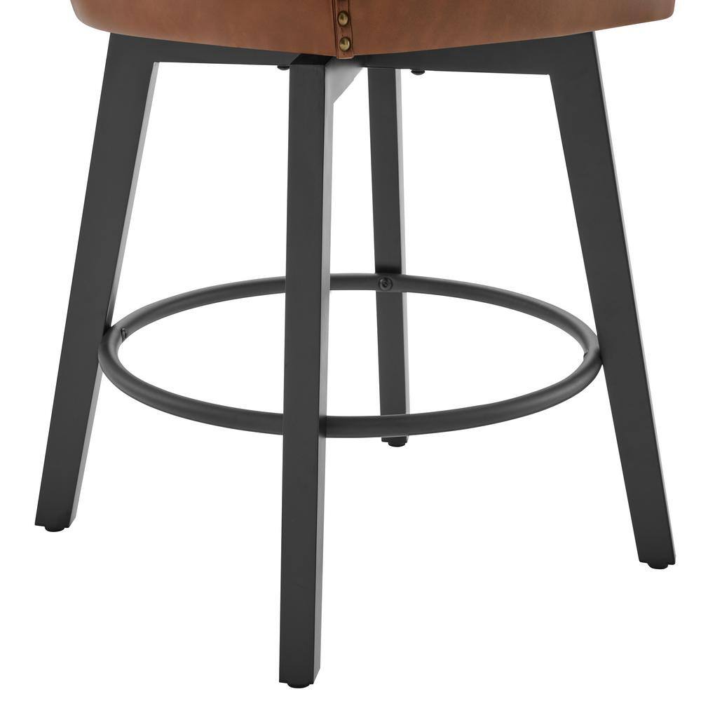 Brown Faux Leather Swivel Counter Height Bar Stools with Wood Frame, Set of 2
