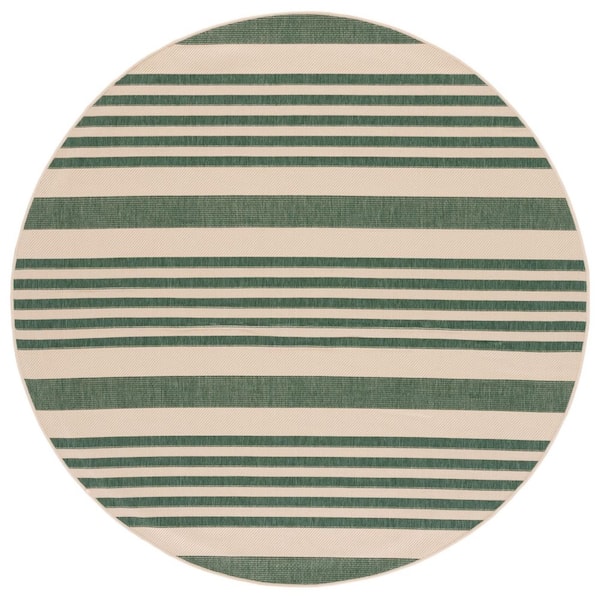 Courtyard Beige/Dark Green 3 ft. x 3 ft. Striped Indoor/Outdoor Round Area Rug