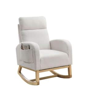 Teddy White Stylish High-Backed Living Room Polyester Fabric Rocking Chair with 2 Convenient Side Pockets
