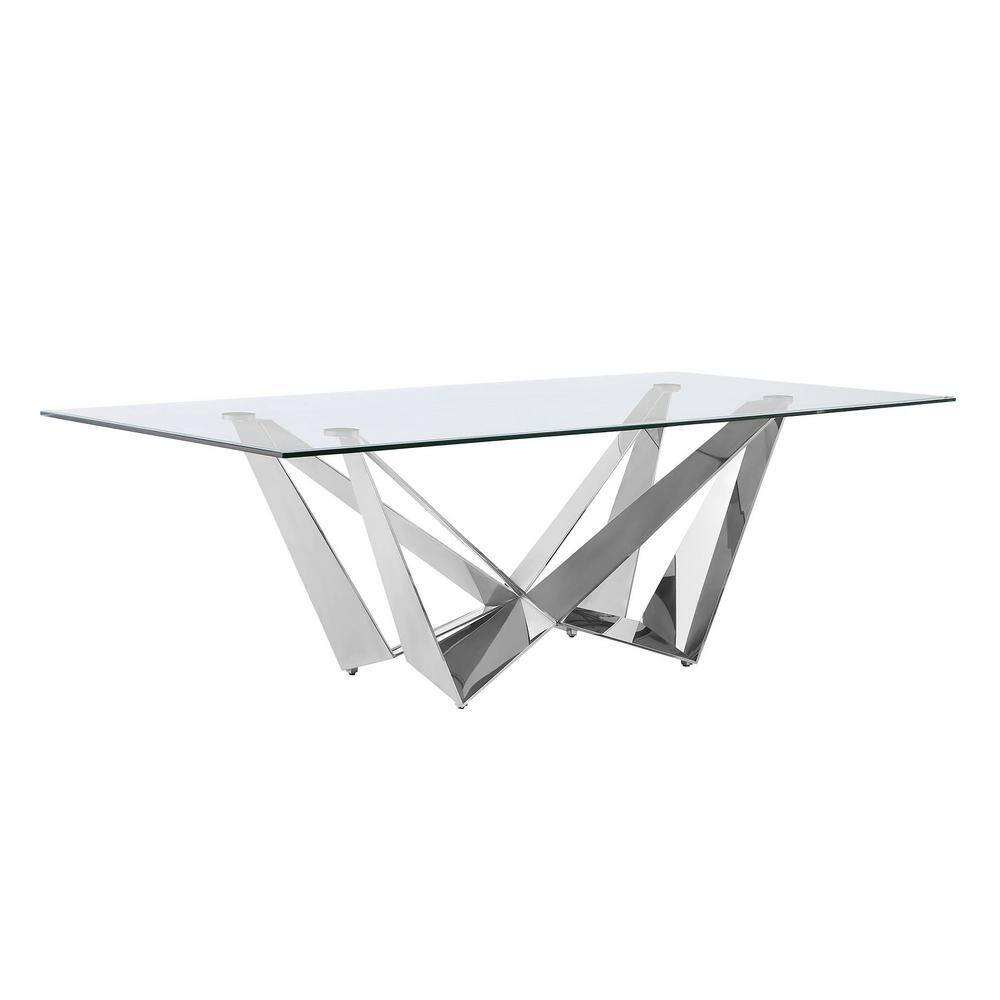 Clear Glass and Silver Stainless Steel Rectangular Dining Table