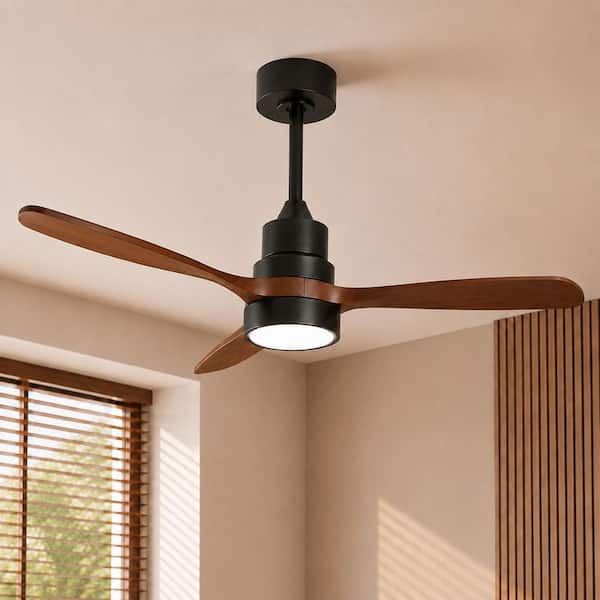 48 in. Indoor Solid Wood Walnut, Black Downrod Ceiling Fan Standard Integrated LED with Light Kit, Remote for Bedroom