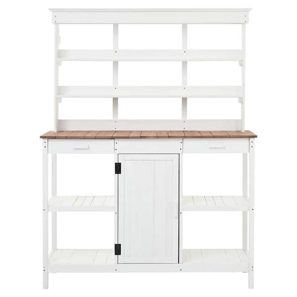 Zeus & Ruta 66 in. H x 50.2 in. W x 19.7 in. D White Wooden Garden Potting Bench Table with 2 Drawers, Cabinet and Open Shelves
