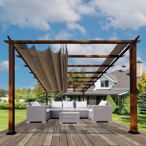 Paragon Outdoor Florence 11 ft. x 16 ft. Wood Grain Aluminum Pergola in Chilean Ipe and Cocoa Convertible Canopy