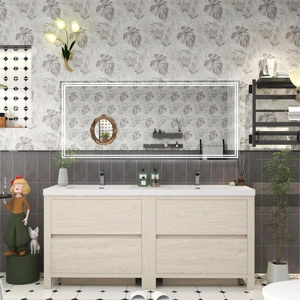 Louis 71 in. W x 20 in. D x 35 in. H Double Sink Freestanding Bath Vanity in Light Wood with White Acrylic Top