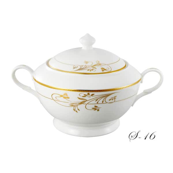 Lorren Home Trends Rosalia Series 12 in. x 8.5 in. x 7 in. 4 Qt. 128 fl. oz. Gold Bone China Soup Tureen Serving Bowl with Lid (Set of 2)