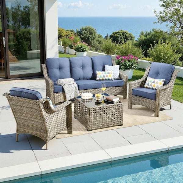 HOT SALE 4-Piece Wicker Patio Conversation Set with Coffee Table and Denim Blue Cushions