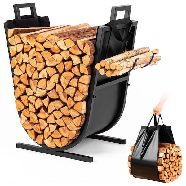 27 in Firewood Rack Outdoor and Indoor-Rustproof Heavy Duty Firewood Storage with Kindling Hooks & Canvas Carrie