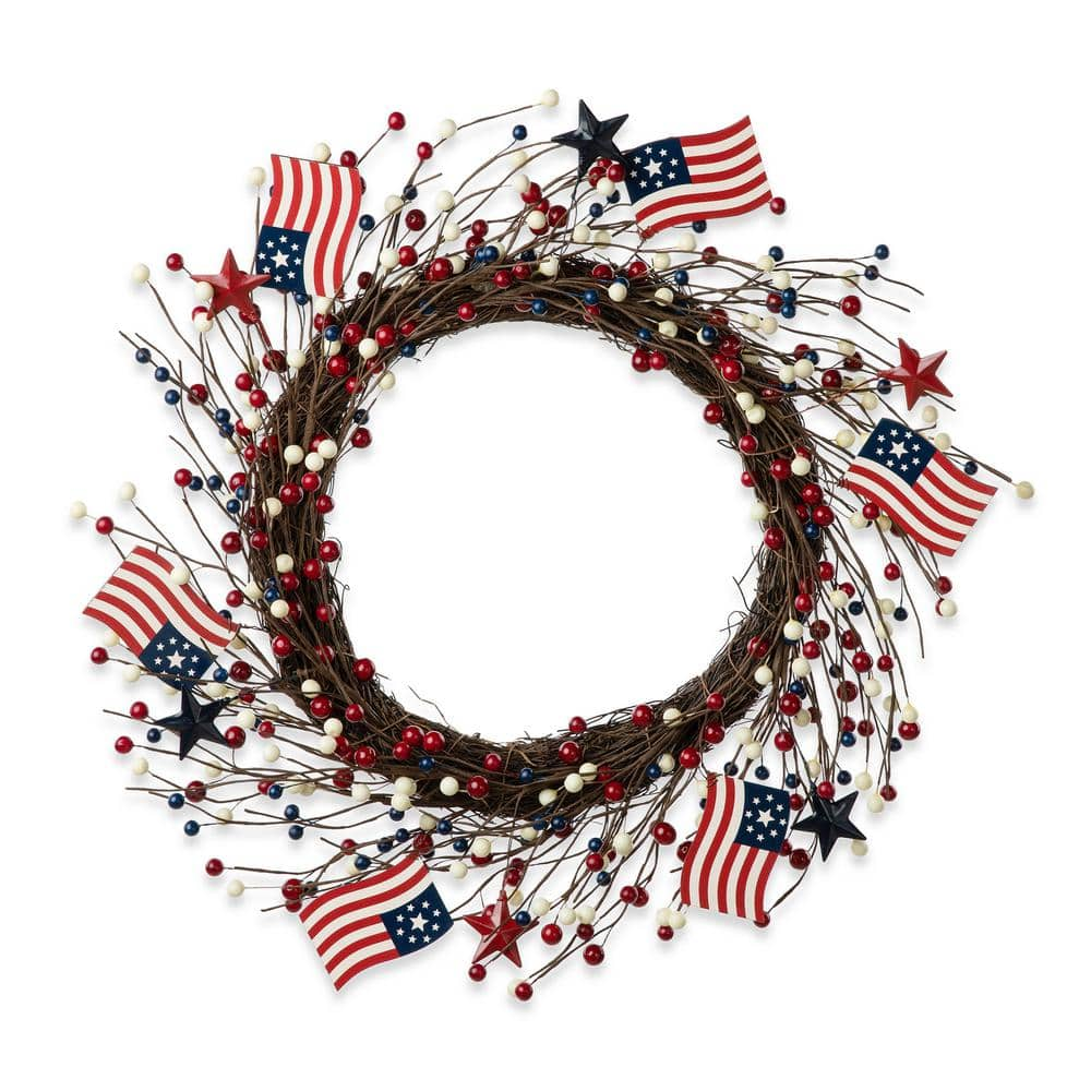 Glitzhome 22 in. H Patriotic/Americana Flag and Berry Wreath 2029100007 ...