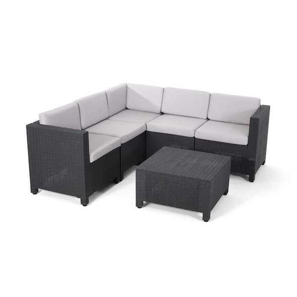 Tunearary 6-Piece Dark Gray Faux Wicker Outdoor 5-Seater Sectional Sofa Set With Coffee Table and Gray Cushions