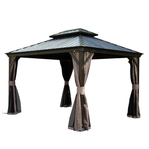 VAMOP 12 ft. x 14 ft. Brown Outdoor Hardtop Gazebo with Dual-Layer