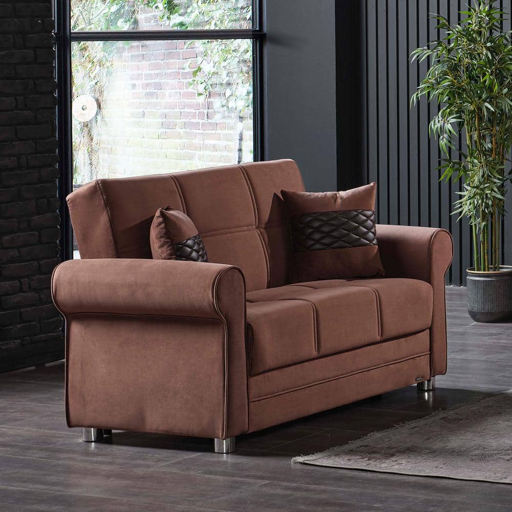 Chenille Brown Microfiber Loveseat with Round Arm and Storage