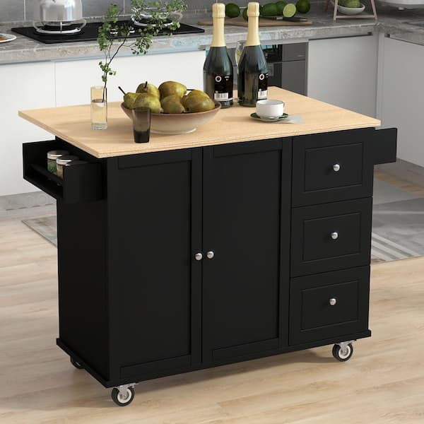 Rolling Black Drop Leaf Rubberwood Tabletop 53 in. Kitchen Island with Adjustable Shelves