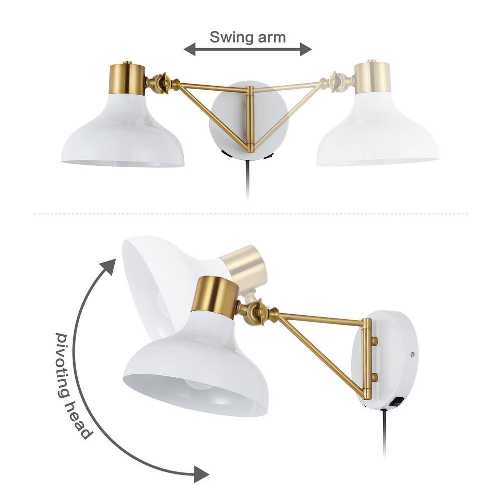 White and Brass Gold Iron Swing Arm Wall Sconce with USB Charging Port
