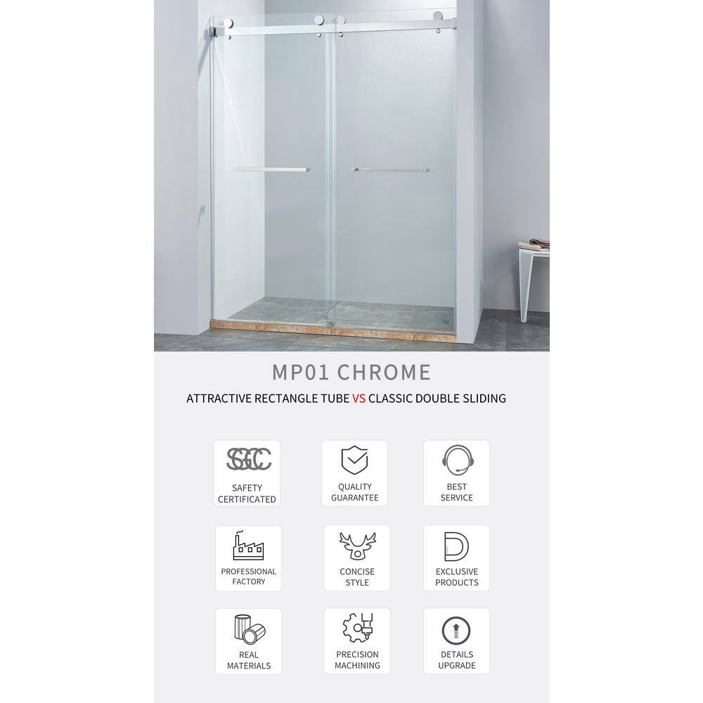 60" Frameless Chrome Glass Double Sliding Shower Door