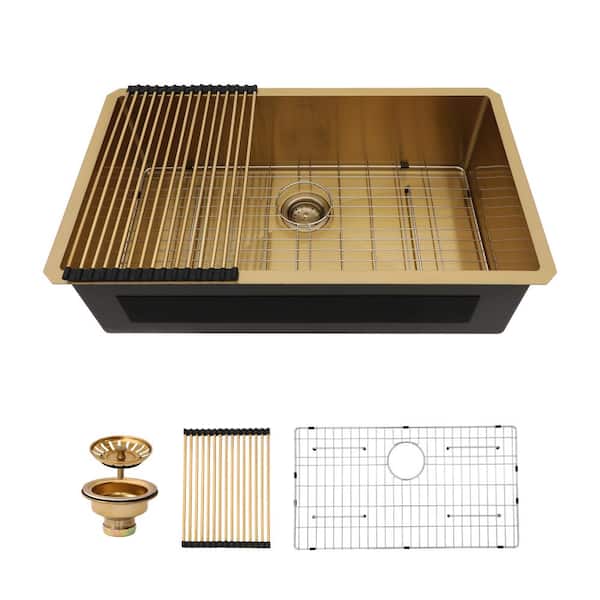 LORDEAR Gold 32 in. Drop-in/Undermount Single Bowl 16 Gauge Stainless Steel Kitchen Sink with Bottom Grids