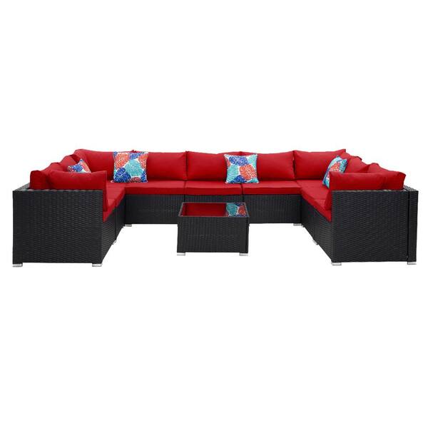 OVASTLKUY 10-Piece Red Wicker Rattan Patio Furniture Set Patio Conversation with Cushions