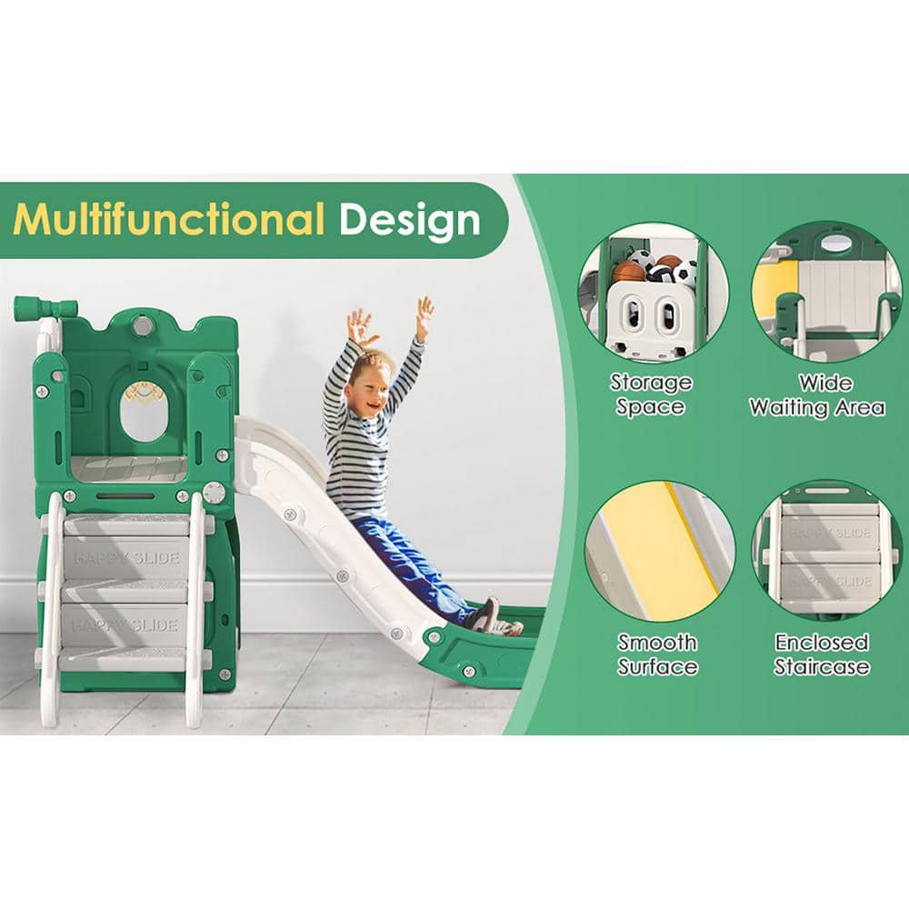 Green and Yellow L-Shaped 7-in-1 Toddler Slide with Basketball Hoop