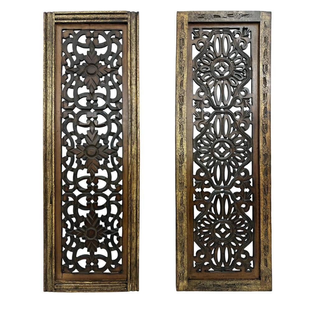 Rustic Brown Hand Carved Wooden Wall Panels, Set of Two
