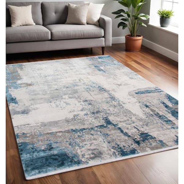 5 ft. x 8 ft. Gray Blue and Ivory Abstract Area Rug with Fringe