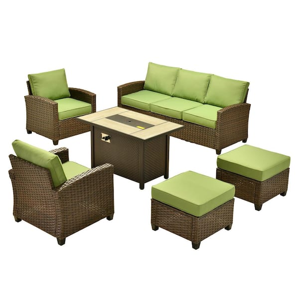 Marcia 6-Piece Wicker Modern Outdoor Patio Conversation Sofa Furniture Set with a Fire Pit and Green Cushions