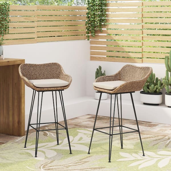 Flynama Set of 2 29.25 in. Light Brown Outdoor Wicker and Iron Low Back Barstools with Beige Cushion