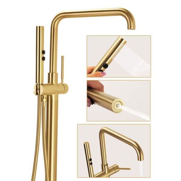 Single Handle Floor Mounted Freestanding Tub Filler with Brass 2-Function Handshower in Brushed Gold