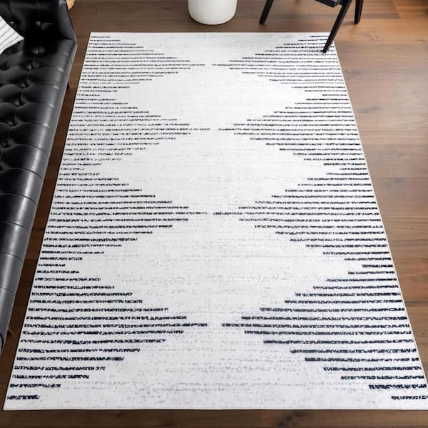 Diamond Pinstripes Spill Proof Washable White 6 ft. x 9 ft. Indoor Area Rug