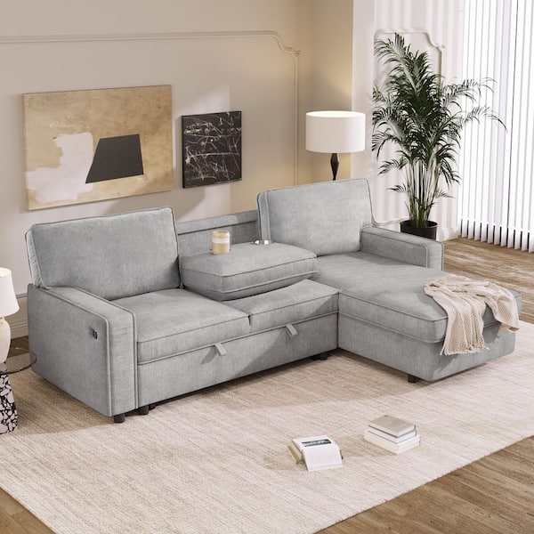 89 in. Square Arm Polyester L-Shaped Sofa in Gray with Storage Space, USB Port and 2 Cup Holders
