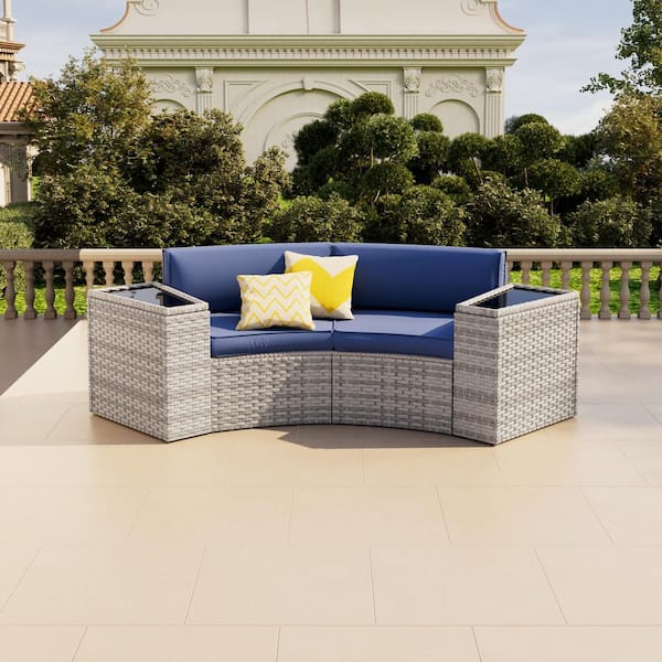 Gray 4-Piece wicker Fully Assembled Curved Patio Blue Conversation Set With Side Table