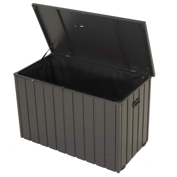 120 Gal. Steel Deck Box, Built-in a Oxford Fabric Storage Bag, Lockable & Waterproof Outside Patio Storage Box-Dark Gray