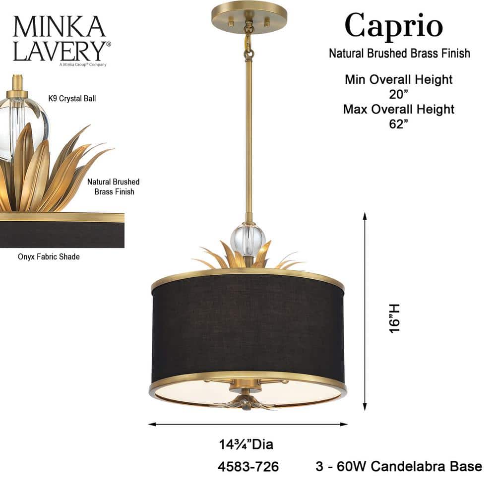 Natural Brushed Brass Pendant Light with Black Fabric Shade