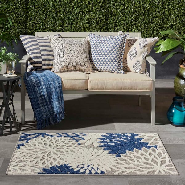 Aloha Ivory/Navy doormat 3 ft. x 4 ft. Floral Modern Indoor/Outdoor Patio Kitchen Area Rug