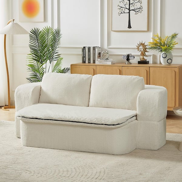Pamela 74.8 in Square Arm Fabric Upholstery Rectangle Sofa Bed in White, Cream