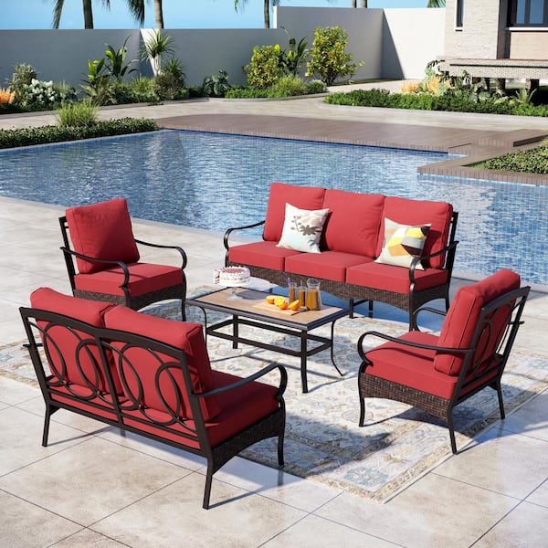 PHI VILLA Brown Rattan 5-Piece 7 Seat Steel Outdoor Patio Conversation Set with Red Cushions, Fixed Sofas and Wood-Grain Table