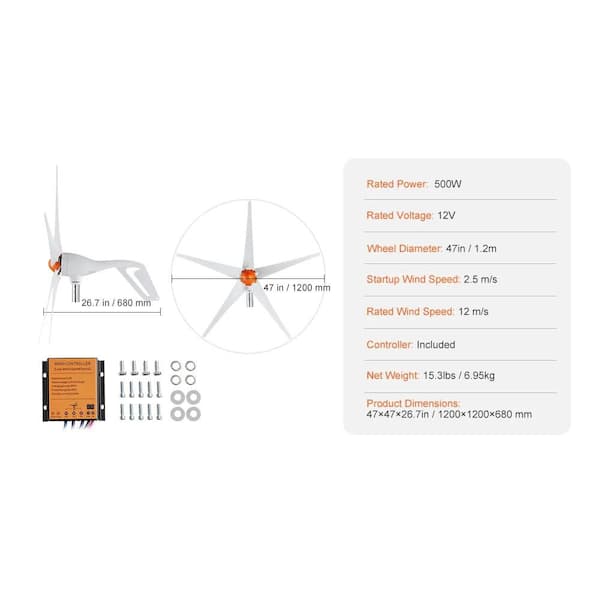 Adrinfly 500-Watt Wind Turbine Generator Kit with 12-Volt MPPT