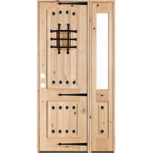 Krosswood Doors 44 in. x 96 in. Mediterranean Unfinished Knotty Alder Arch Right-Hand Right Half Sidelite Clear Glass Prehung Front Door