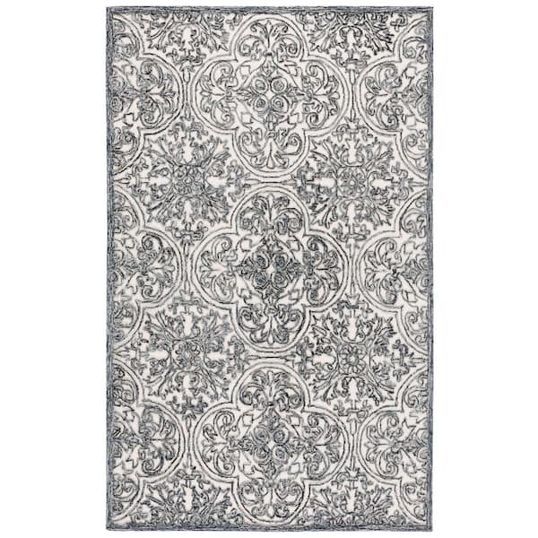 Martha Stewart 4 ft. x 6 ft. Ivory/Black Floral Ornate Area Rug