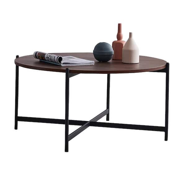 Unbranded Black Round Metal Outdoor Coffee Table with Walnut Top 36 in.