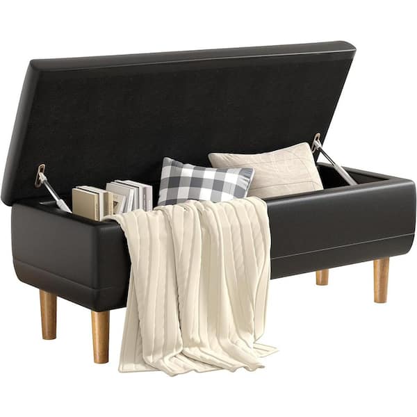 VECELO Modern Soft PU Leather Bench Ottoman 44" Shoestool with 6.1" Deep Storage-Space, Easily Stores Books, Blankets, Black