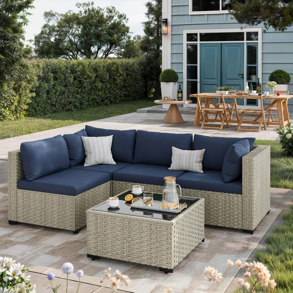 5 Pieces Gray Wicker Patio Conversation Set with Navy Cushions price history on PriceWatchPro