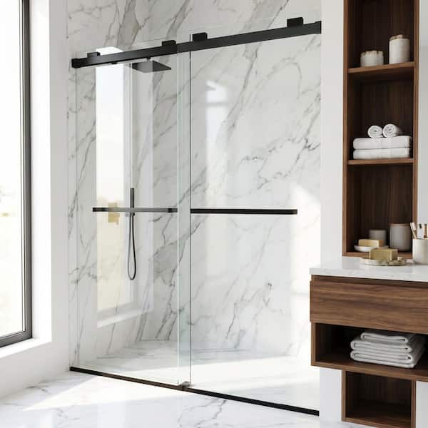 Houston 56 to 60 in. W x 76 in. H VMotion Sliding Frameless Shower Door in Matte Black with 3/8 in. (10mm) Clear Glass