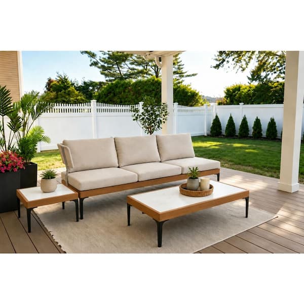 3 Seater Wicker Sofa 82 in. Patio Couch with Tables Modern Aluminum Sofa Couch for Backyard, Cushions Included