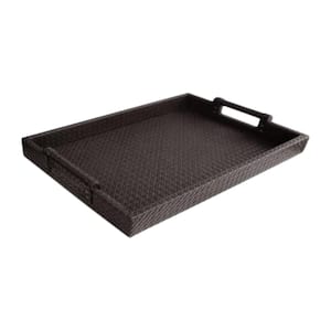 19 in. x 2 in. x 14 in. Brown Faux Leather and Polypropylene Rectangle Serving Tray with Handles