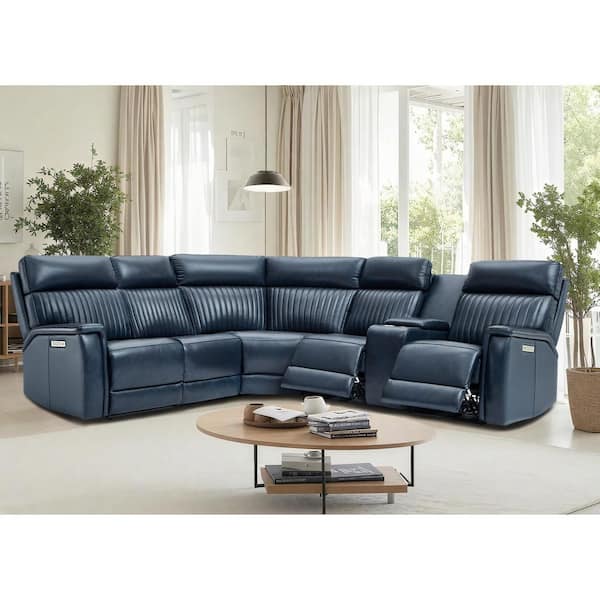 Cole 105 in. L-Shaped Leather Power Recliner Sectional Sofa with Ajustable Headrest, 1 Power Armlesschair in. DarkBlue