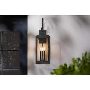Havenridge 27.8 in. 3-Light Matte Black Hardwired Outdoor Wall Light Lantern Sconce with Clear Glass (1-Pack)